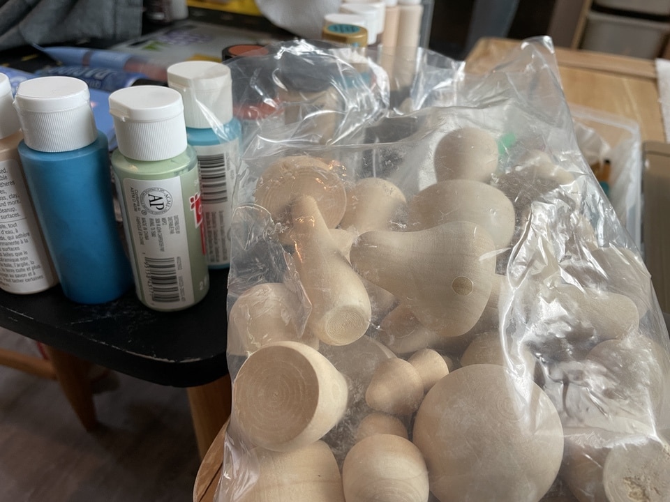 supplies and wooden mushrooms