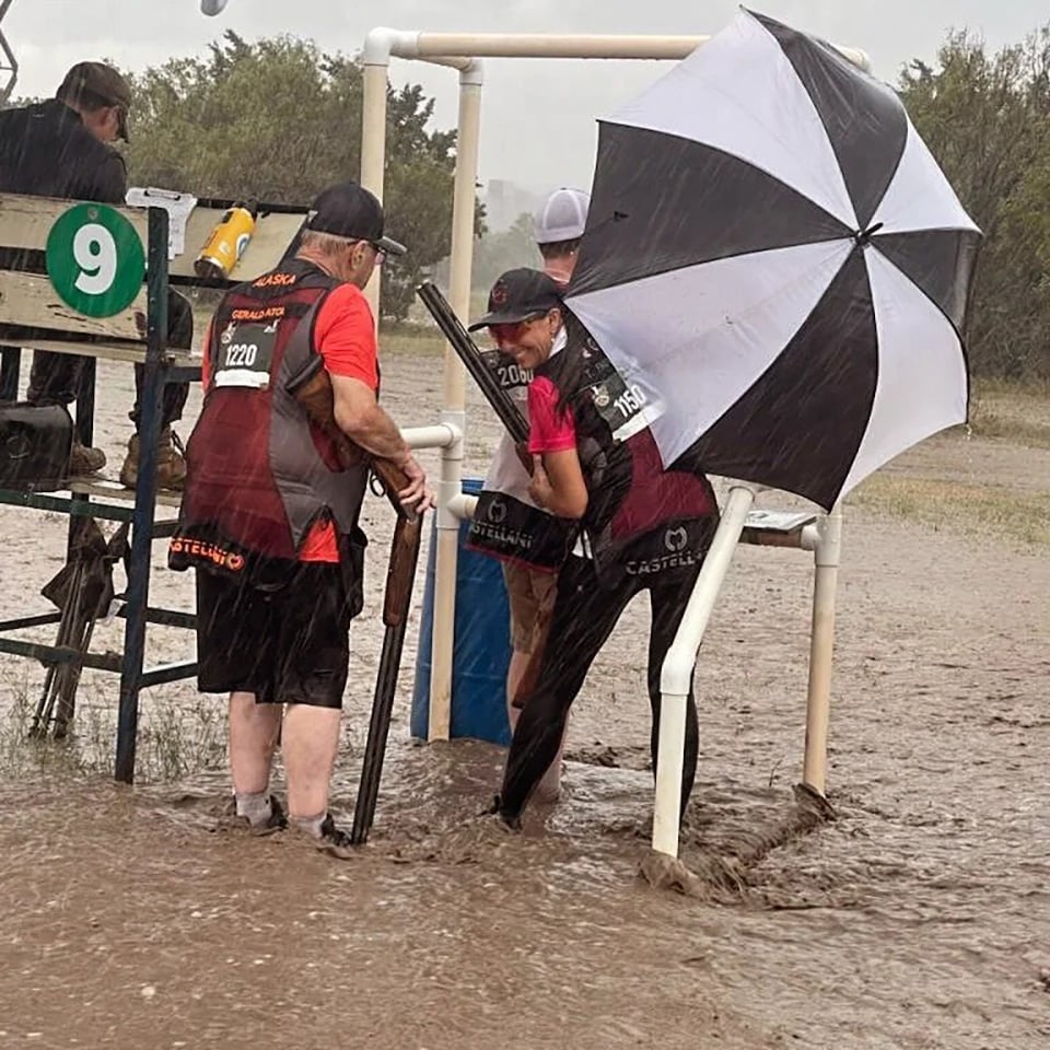 Tanya and Charlie Faulds enduring the treacherous conditions during the 2023 NSCA National Championships in San Antonio, Texas.