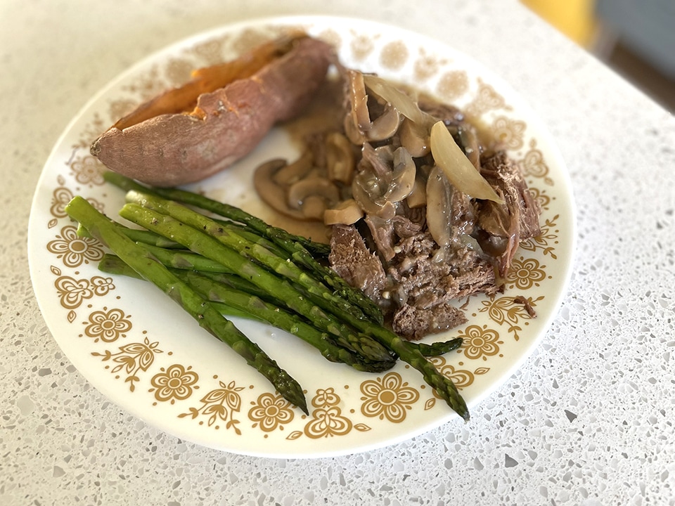 Crockpot venison loin plated