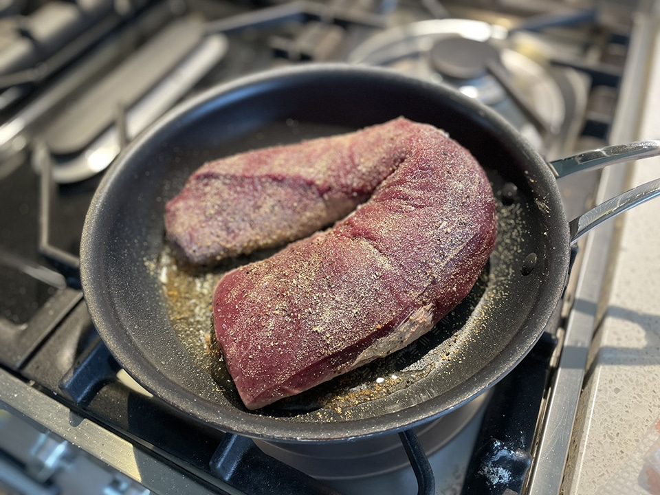 venison loin in pan