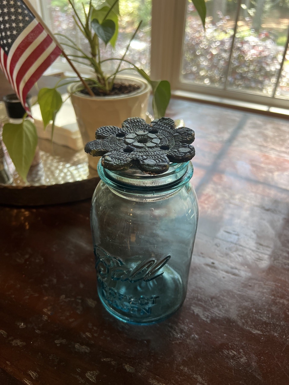 Ball jar with flower frog