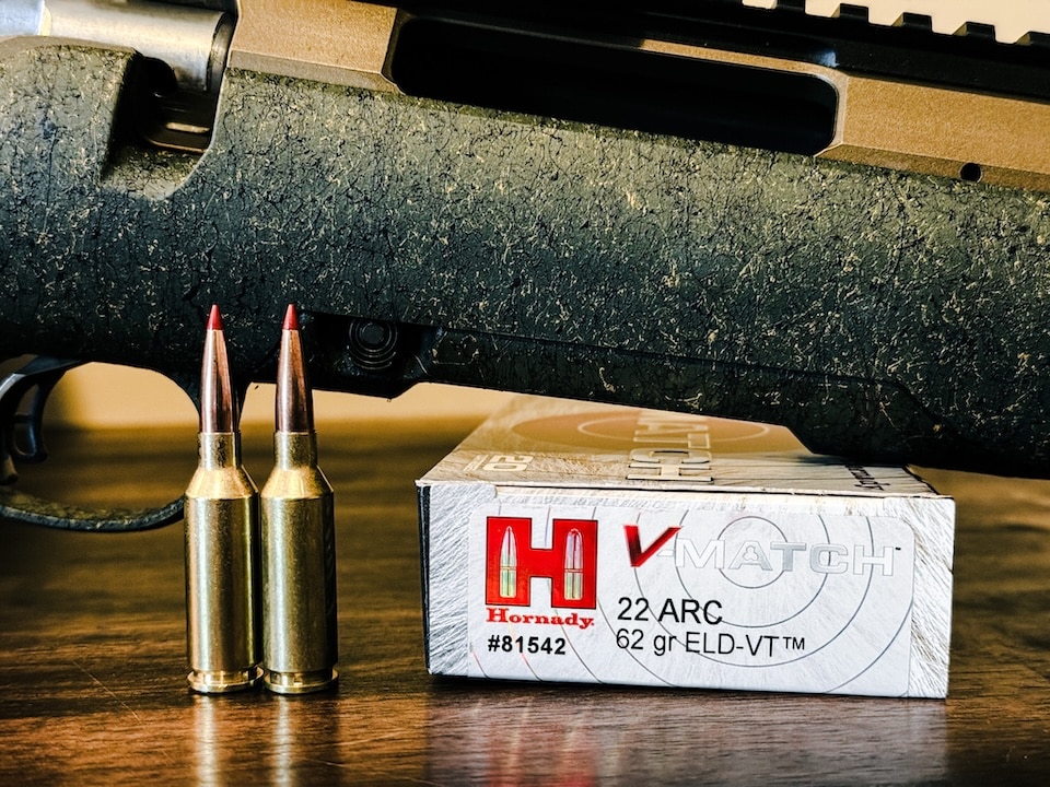 Hornady Varmint load in front of Ruger Gen Two 22 ARC