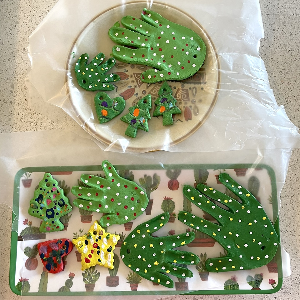 Painted ornaments drying