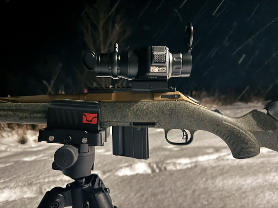 Ruger American Gen 2 in Deathgrip tripod in the snow set up for a hunt